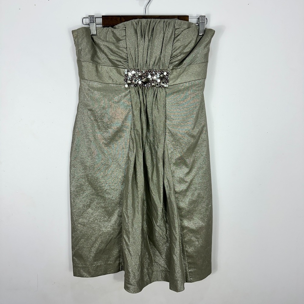 Kay Unger Cocktail Dress Womens 6 Green Metallic Strapless Embellished Formal